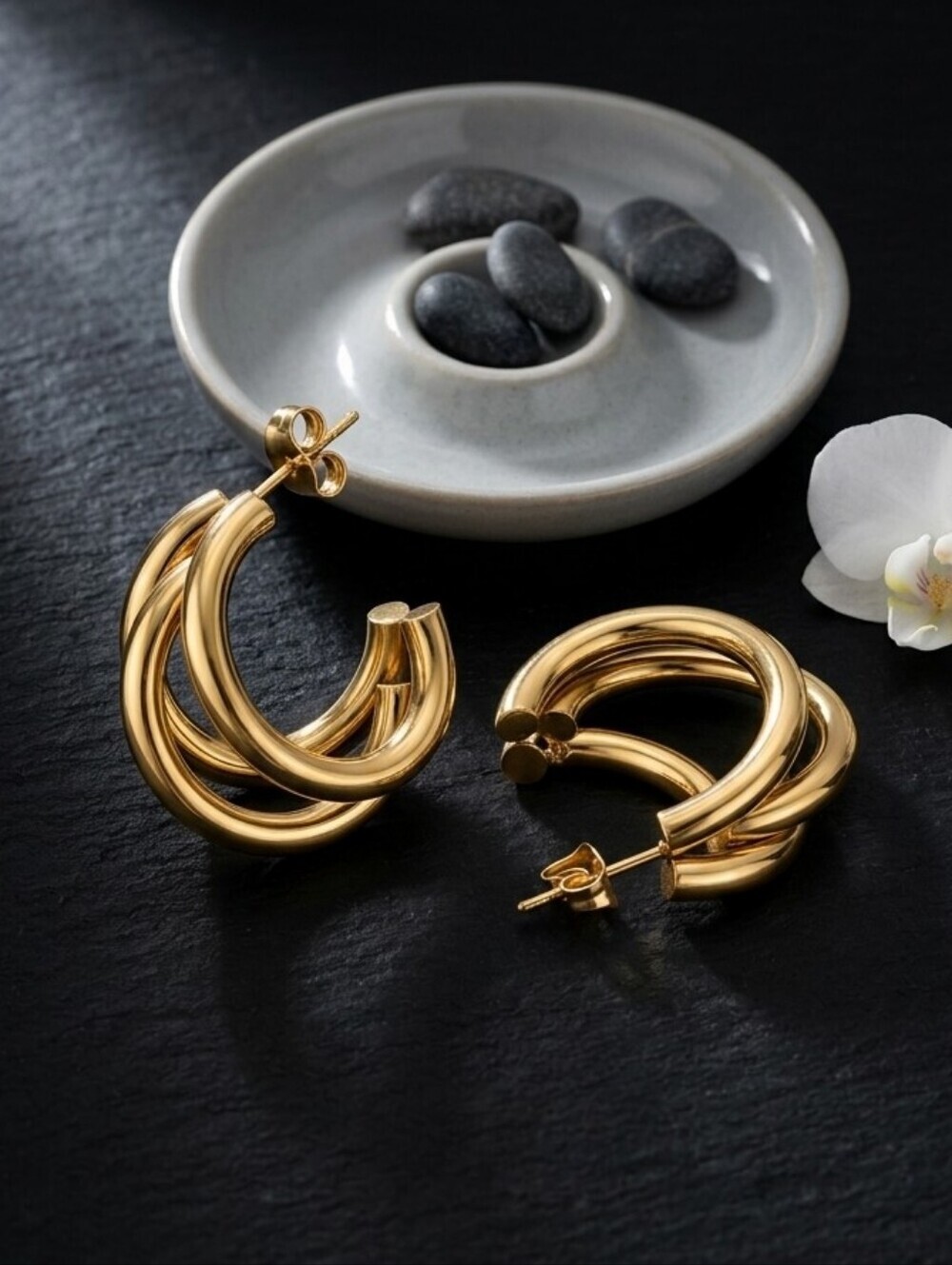 18K Gold Plated Chunky Triple Hoop Earrings Sculptural Clean Girl 0.8"